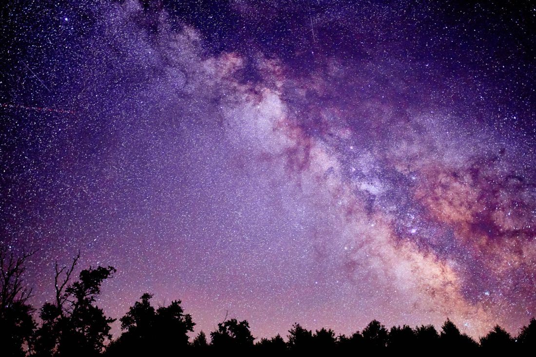 The starry night sky featuring vivid purple hues above a treeline