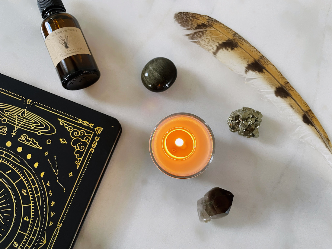 crystals, feather, flower essence, dream journal